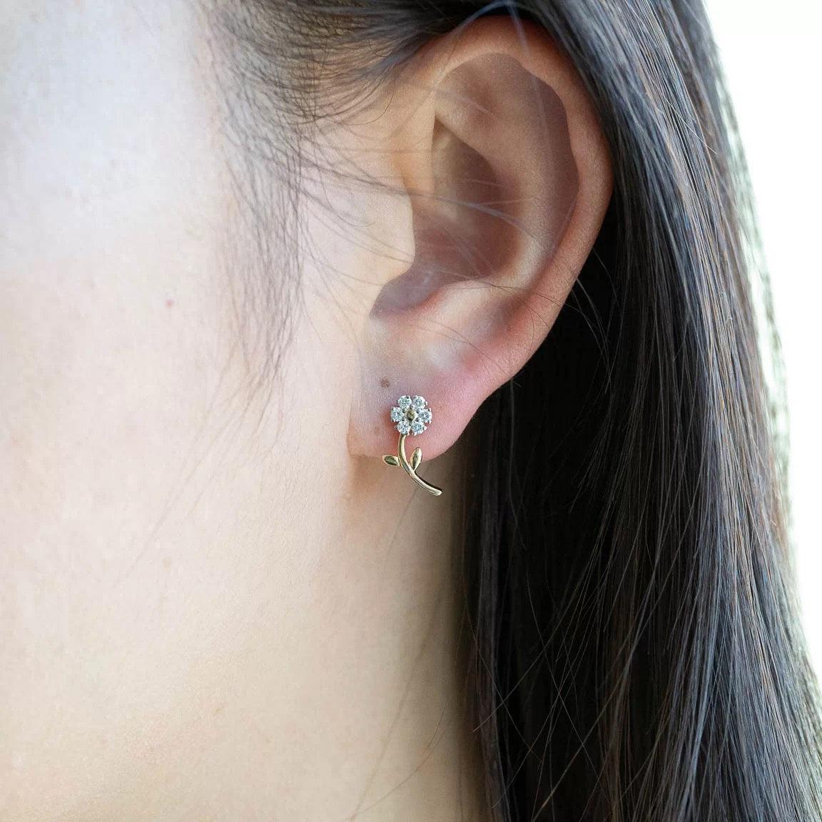 14k Gold Diamond Flower Earrings with Gold Stems - Aureli Jewelry