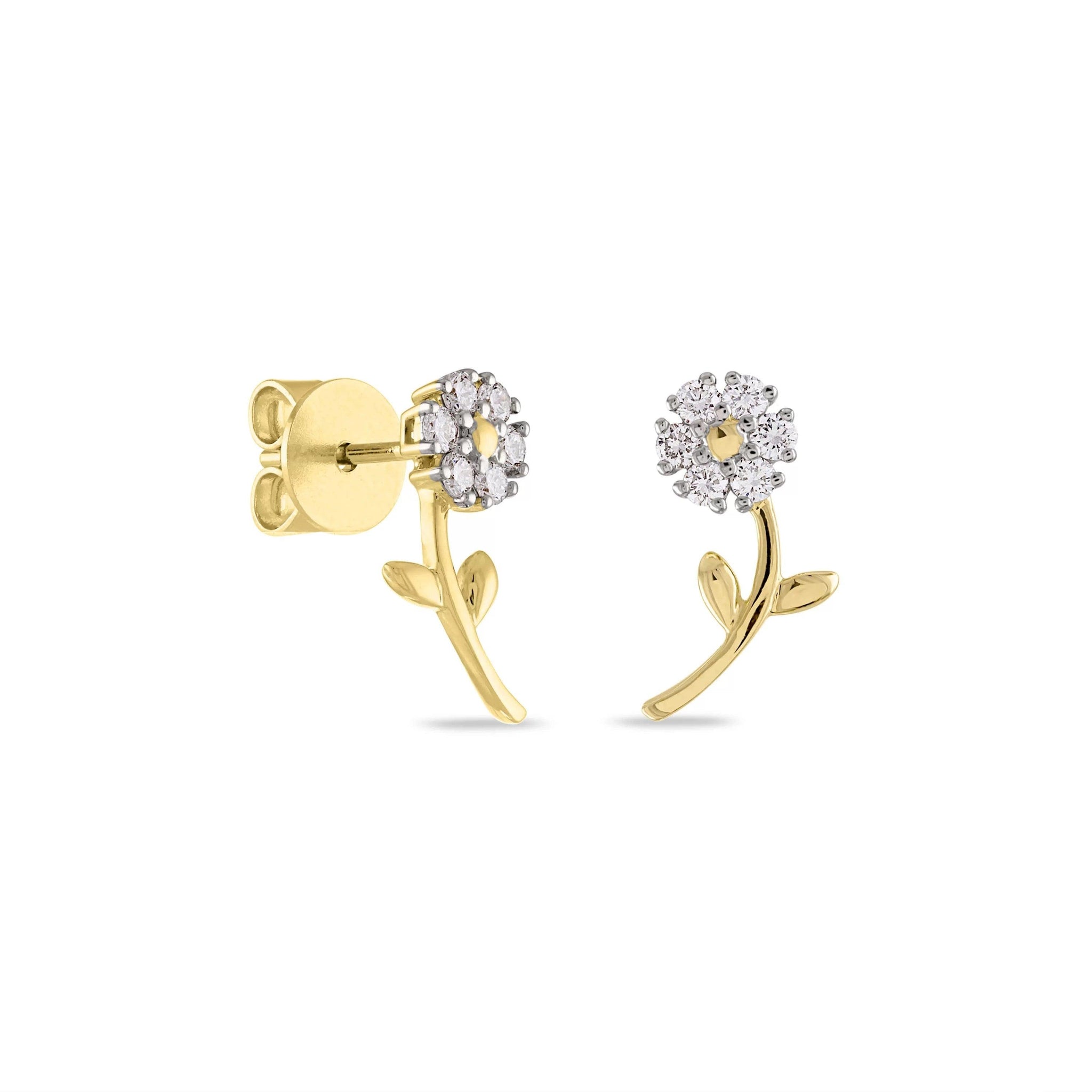 14k Gold Diamond Flower Earrings with Gold Stems